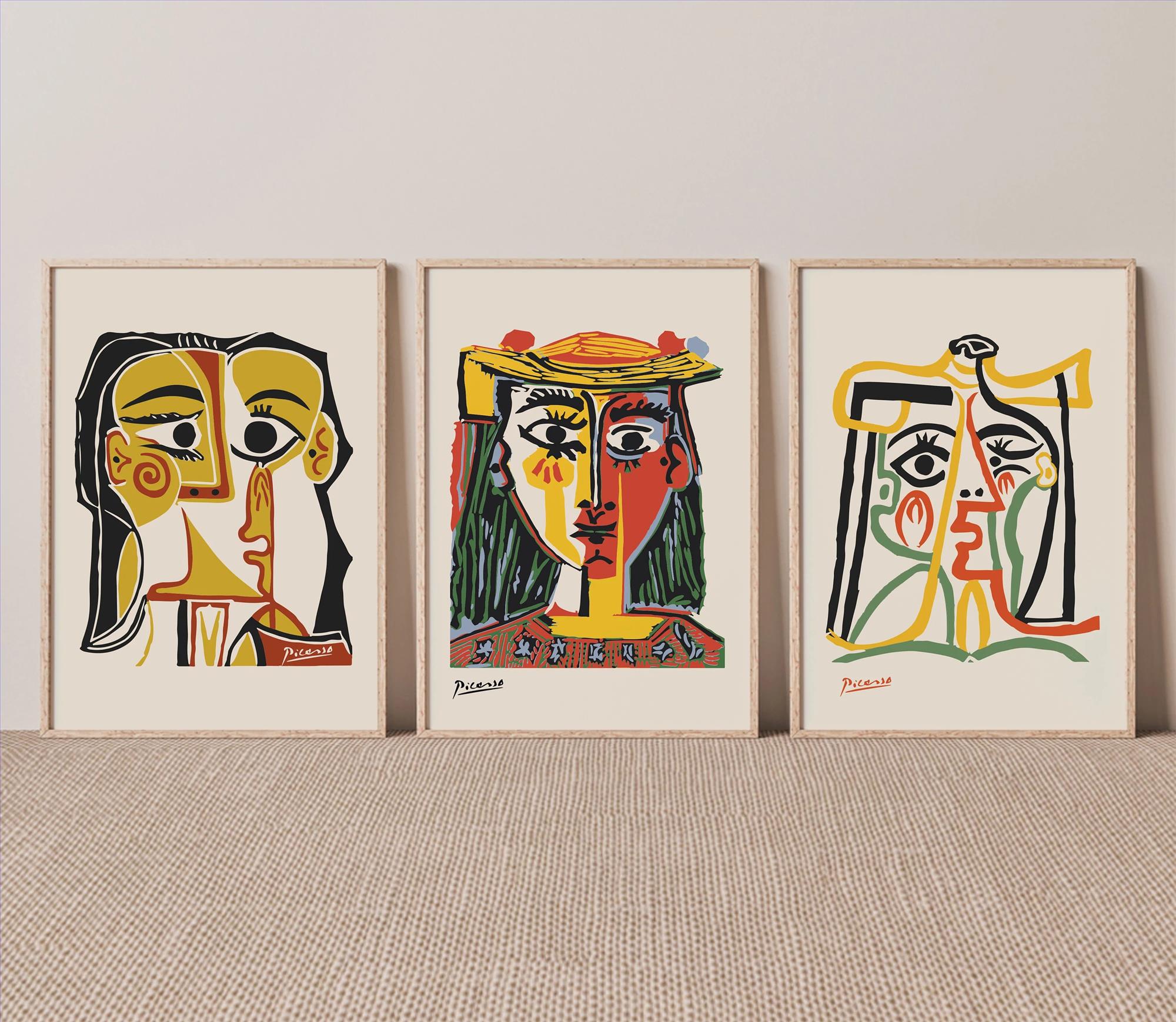 Picasso visage de femme tryptyque art mural minimalisme Peintures à l'huile